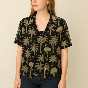 Ann May Silk Palm Print Short Sleeve Shirt - Black/Gold